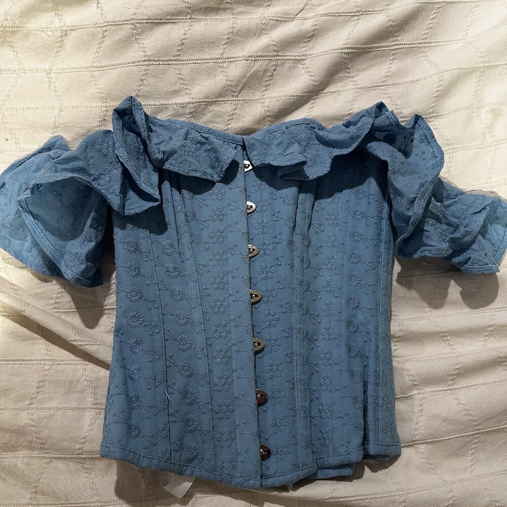 Corset Story Cornflower Blue Cotton Corset Top | Dramatic Sleeve | US 4